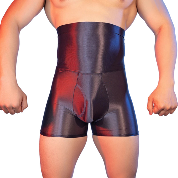 Front view of a model wearing a shiny black high-waisted bodysuit with a front pouch