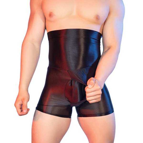 Front view of a shirtless model wearing a black faux-leather bodysuit with a front opening