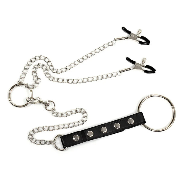 Close-up of black nipple clamps with silver chain, O-rings, and adjustable strap