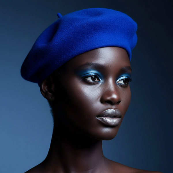 Model wearing a deep blue wool beret in a close-up portrait