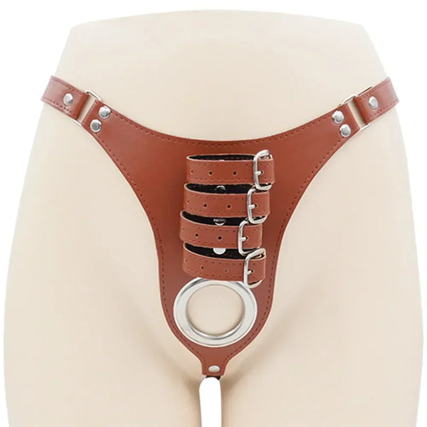 Brown BDSM restraint belt with four buckled straps and a metal O-ring, shown on a mannequin