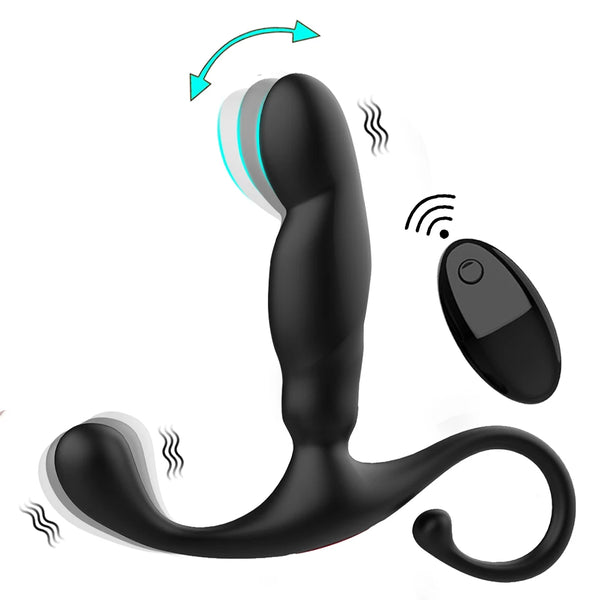 Black curved prostate and penis stimulator with two bulbous ends beside a small remote