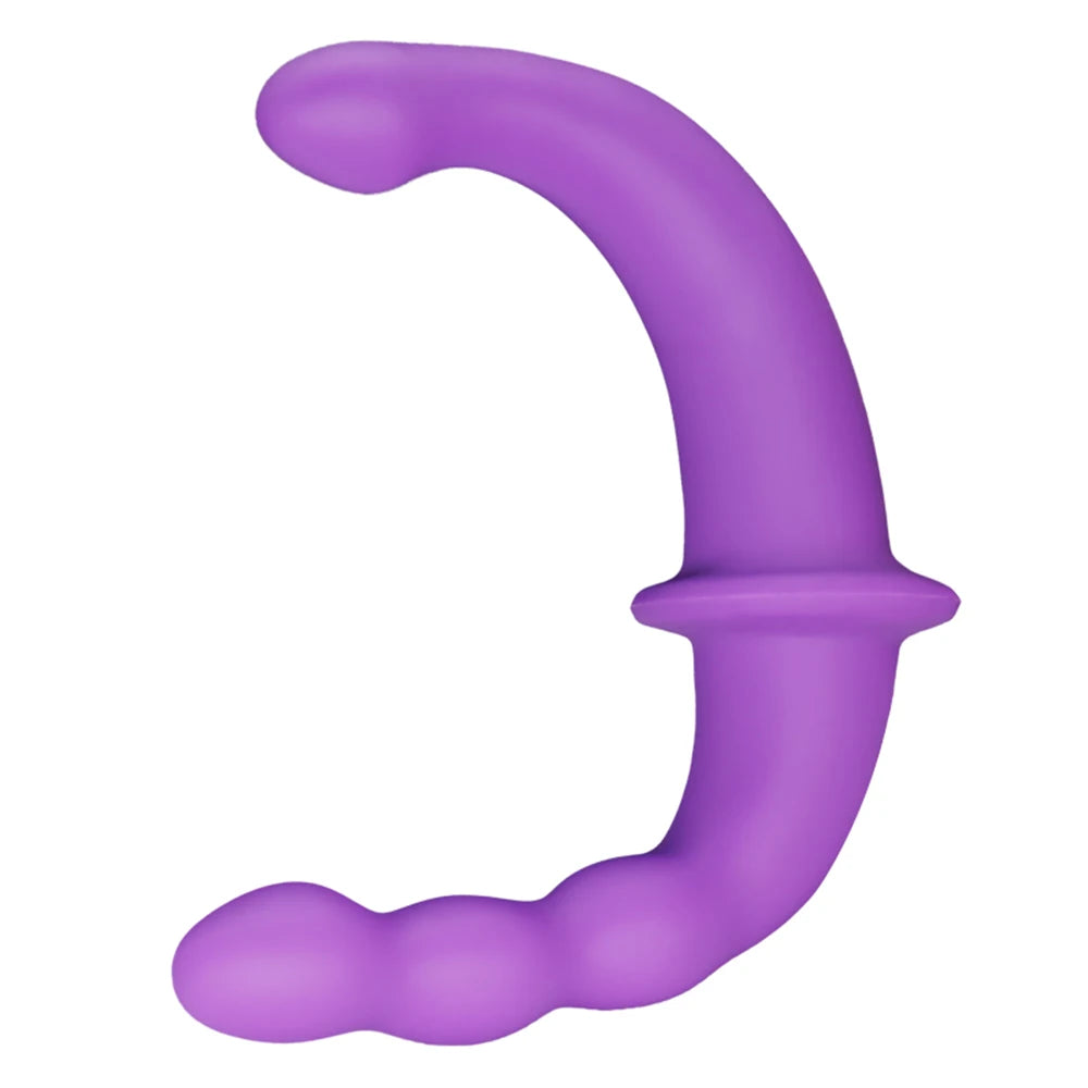 Purple double-ended dildo with curved shafts and rounded bulb tips