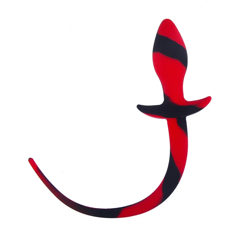 Red and black puppy-play tail plug with curved tail and flared base