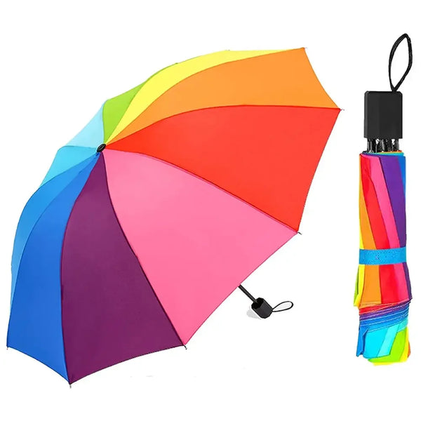 Rainbow Pride pocket umbrella shown open beside its compact rainbow-striped sleeve