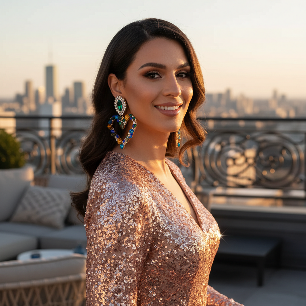 Model wearing colorful rhinestone heart pendant earrings on a rooftop at sunset