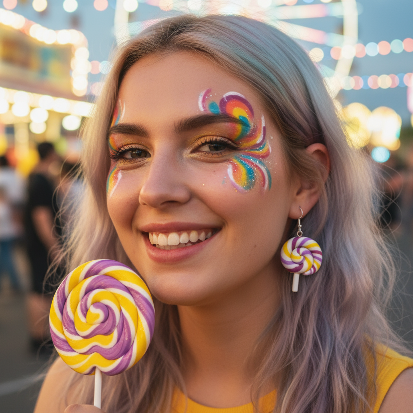 Model wearing colorful purple-and-yellow lollipop earrings at a festive event