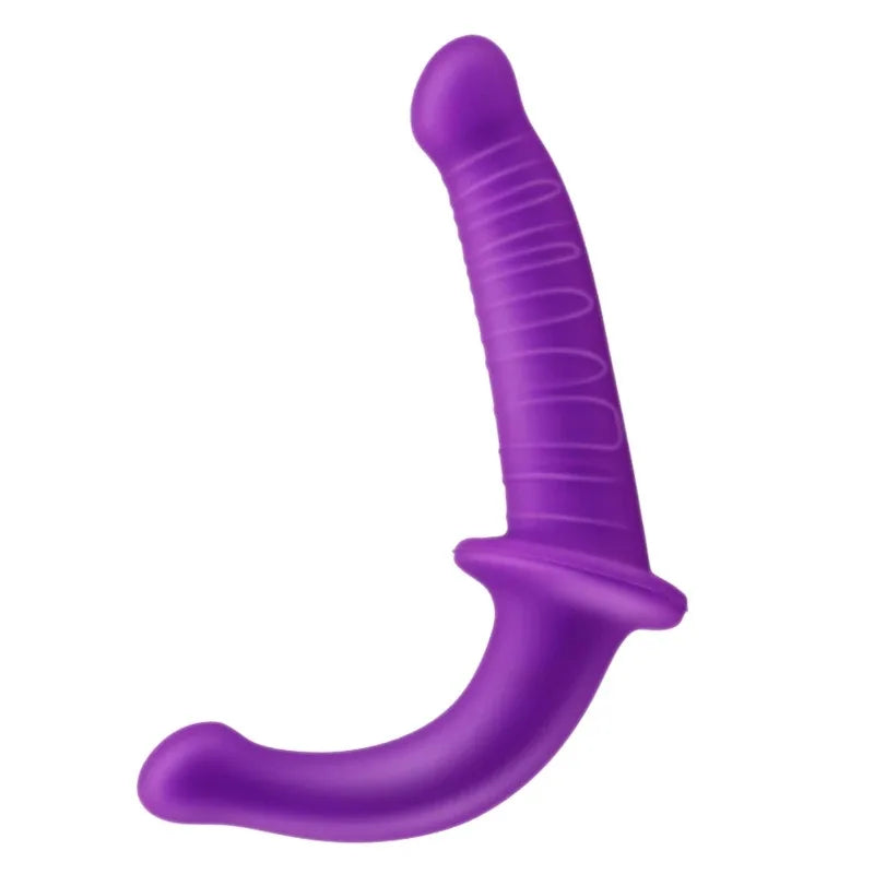 Purple double-ended dildo with a ribbed shaft, flared base, and curved lower end