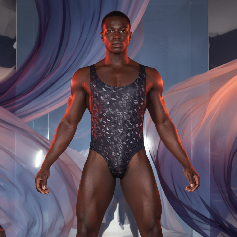 Front-facing model wearing a black-and-gray leopard-print men's bodysuit