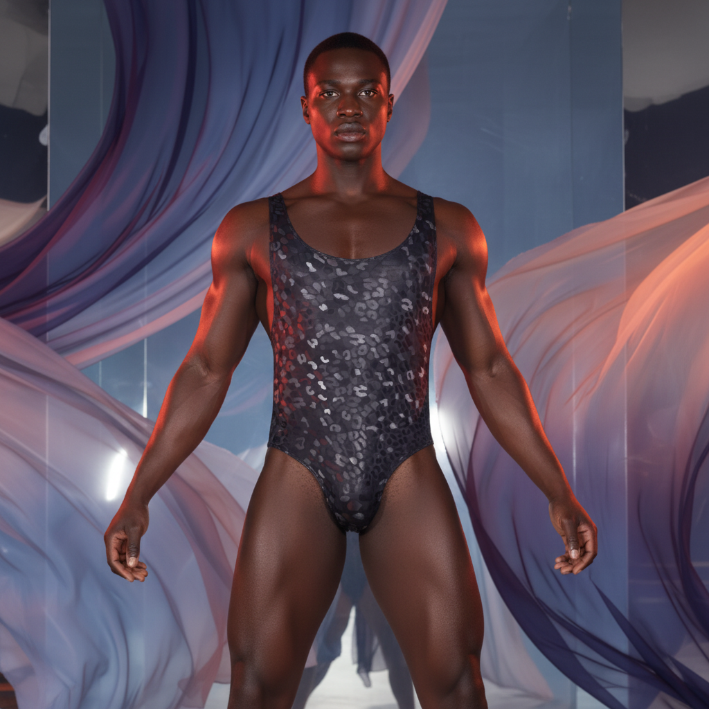Front-facing model wearing a black-and-gray leopard-print men's bodysuit