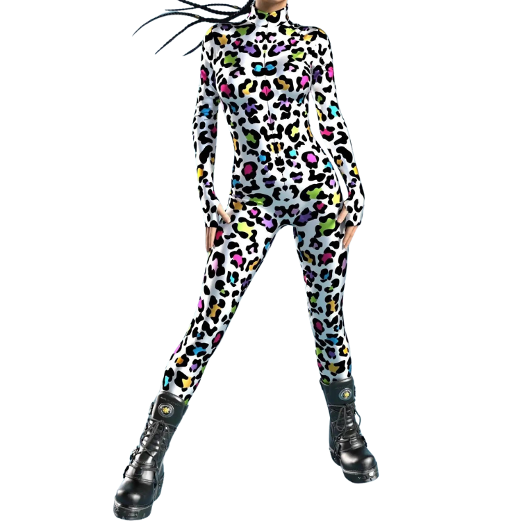 Front-view model wearing a colorful leopard-print long-sleeve catsuit with black platform boots