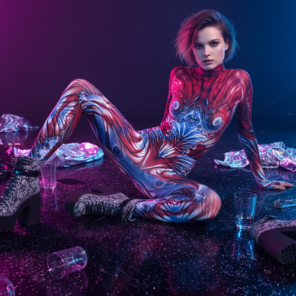 Model reclining in a long-sleeve red, blue, and white printed catsuit