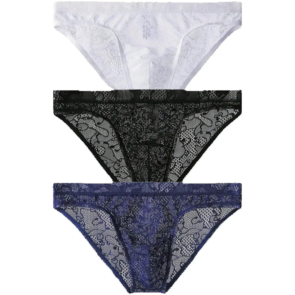 Three lace briefs shown front-facing in white, black, and blue