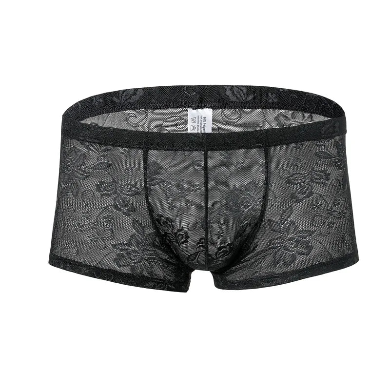 Front view of black sheer lace boxer briefs with a floral pattern and pouch