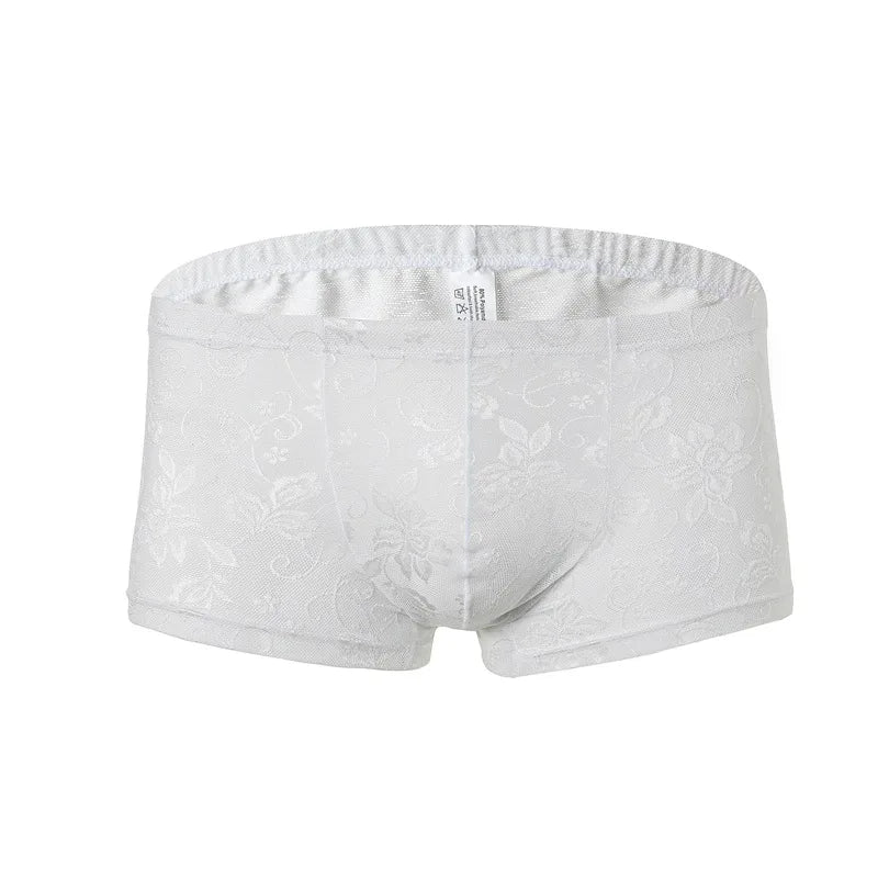 Front view of white floral lace boxer briefs with a covered elastic waistband