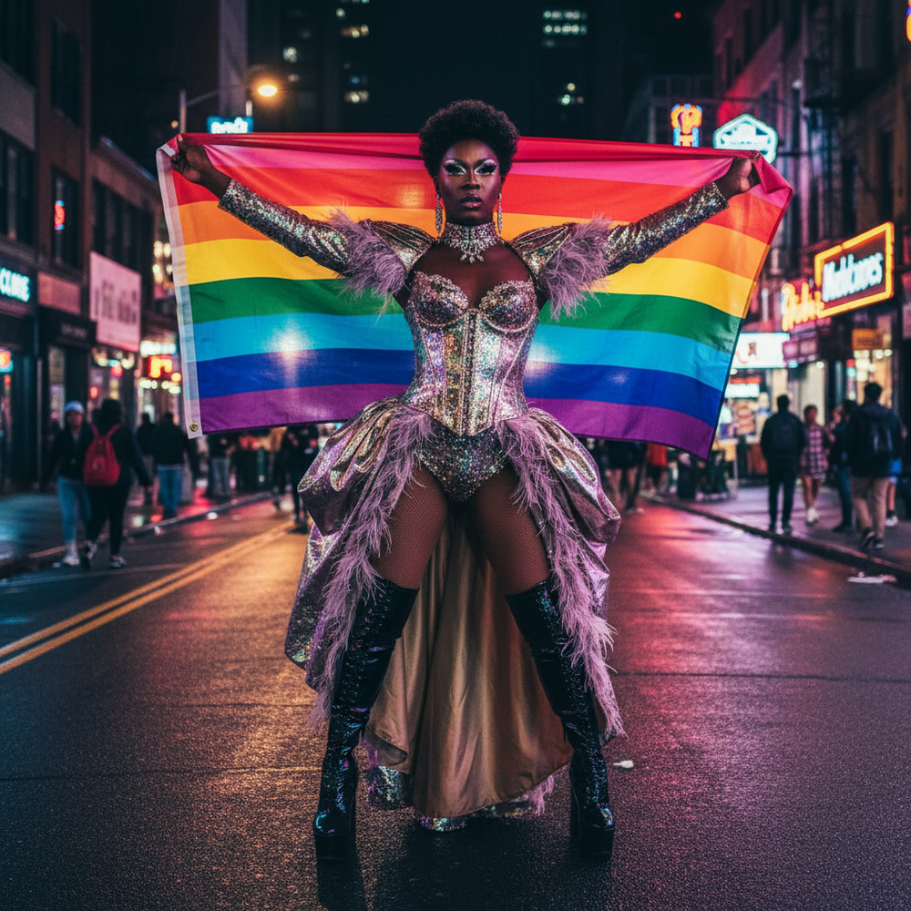 Rainbow Pride flag held aloft by a drag performer in a glittering stage costume on a city street