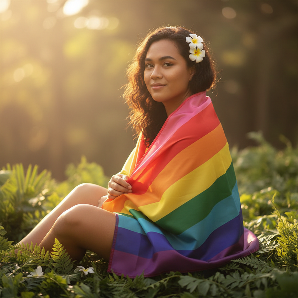 Woman seated outdoors, wrapped in an original six-color rainbow Pride flag