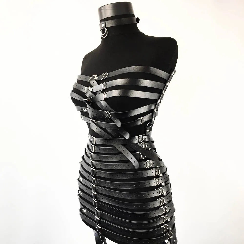 Front three-quarter view of a black leather bondage harness corset on a mannequin