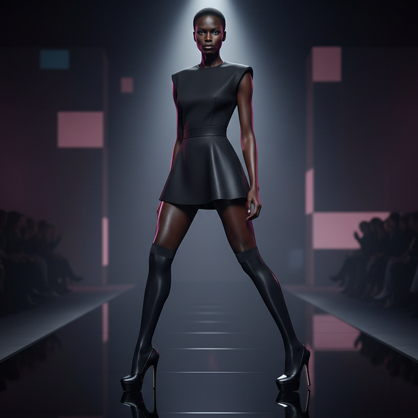 Model on a runway wearing glossy black thigh-high stockings and platform heels