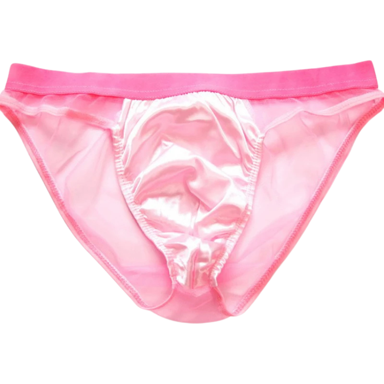 Front view of shiny pink mesh briefs with a gathered satin pouch