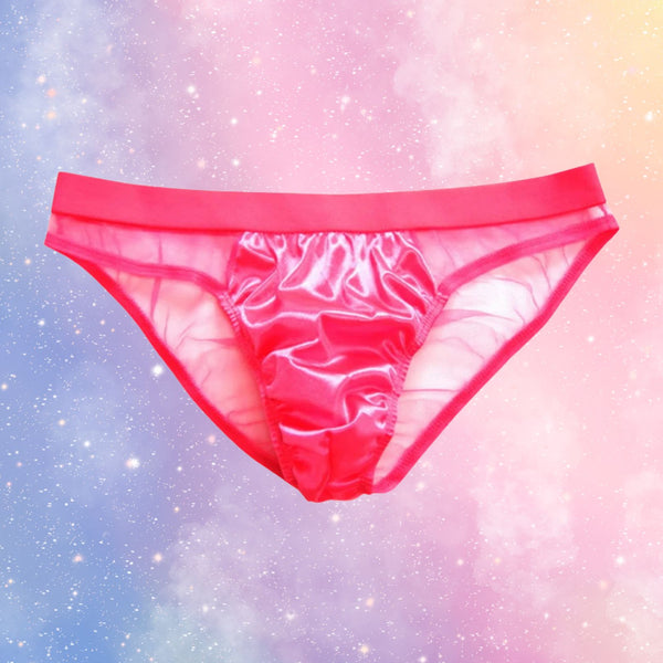 Front view of bright pink briefs with sheer mesh sides and a shiny satin pouch