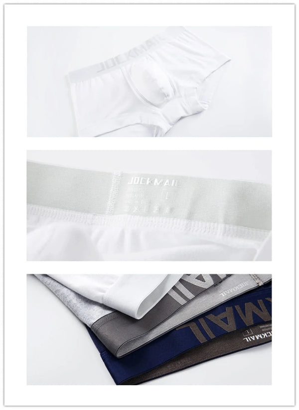 Jockmail low-waist boxers shown in white with a waistband close-up and folded multicolor pairs