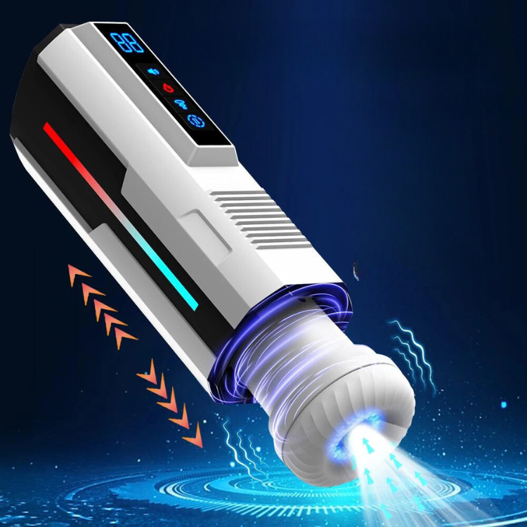 White telescopic male masturbator with ribbed silicone head, digital controls, and glowing motion graphics