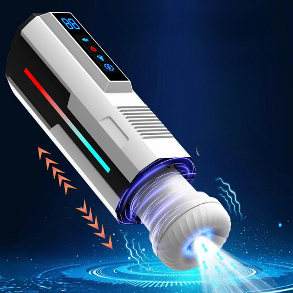White telescopic male masturbator with ribbed silicone head, digital controls, and glowing motion graphics
