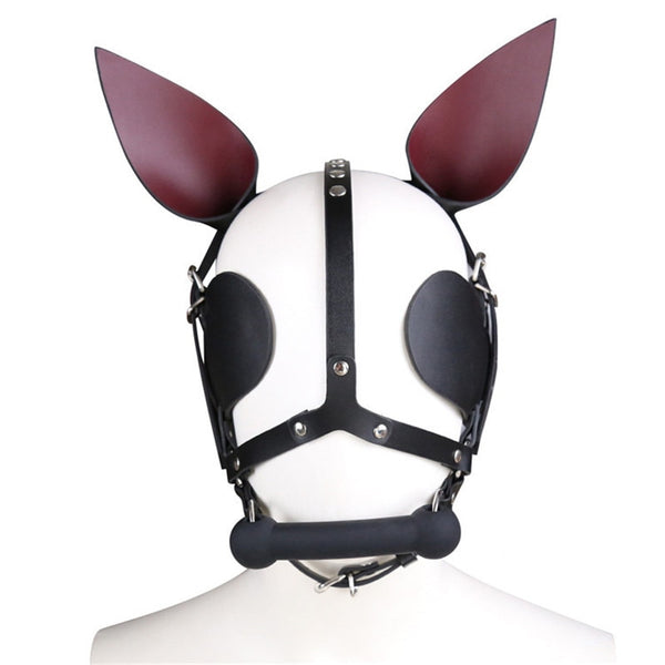 Front view of a white pup mask with black straps, eye covers, muzzle, and burgundy ears