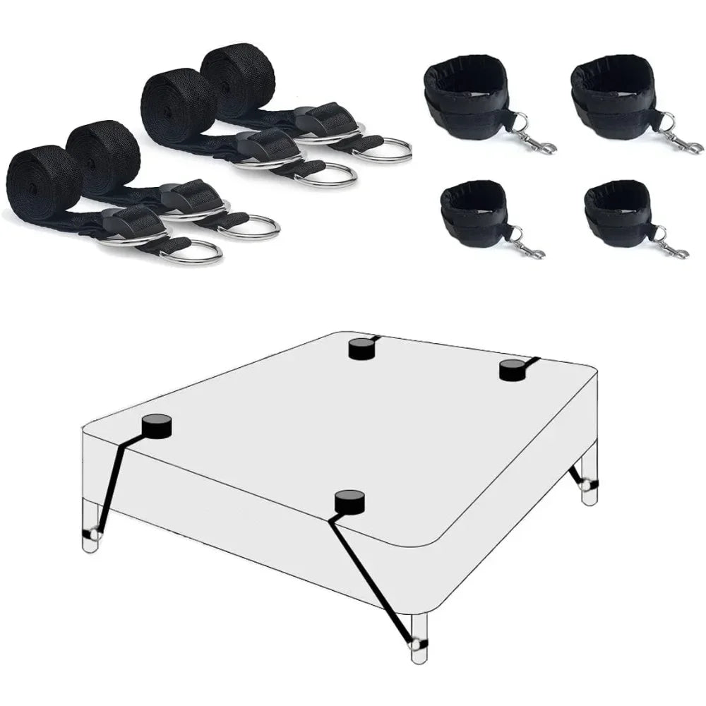 Black bed restraint kit with four straps, four cuffs, and a mattress attachment diagram