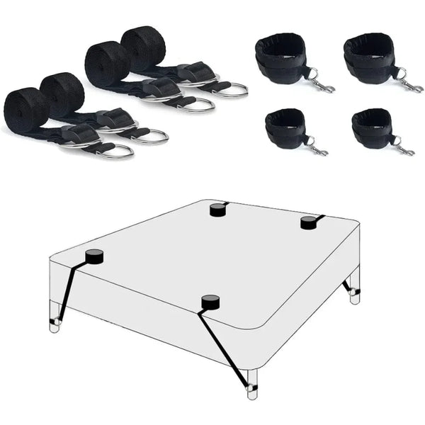 Black bed restraint kit with four straps, four cuffs, and a mattress attachment diagram