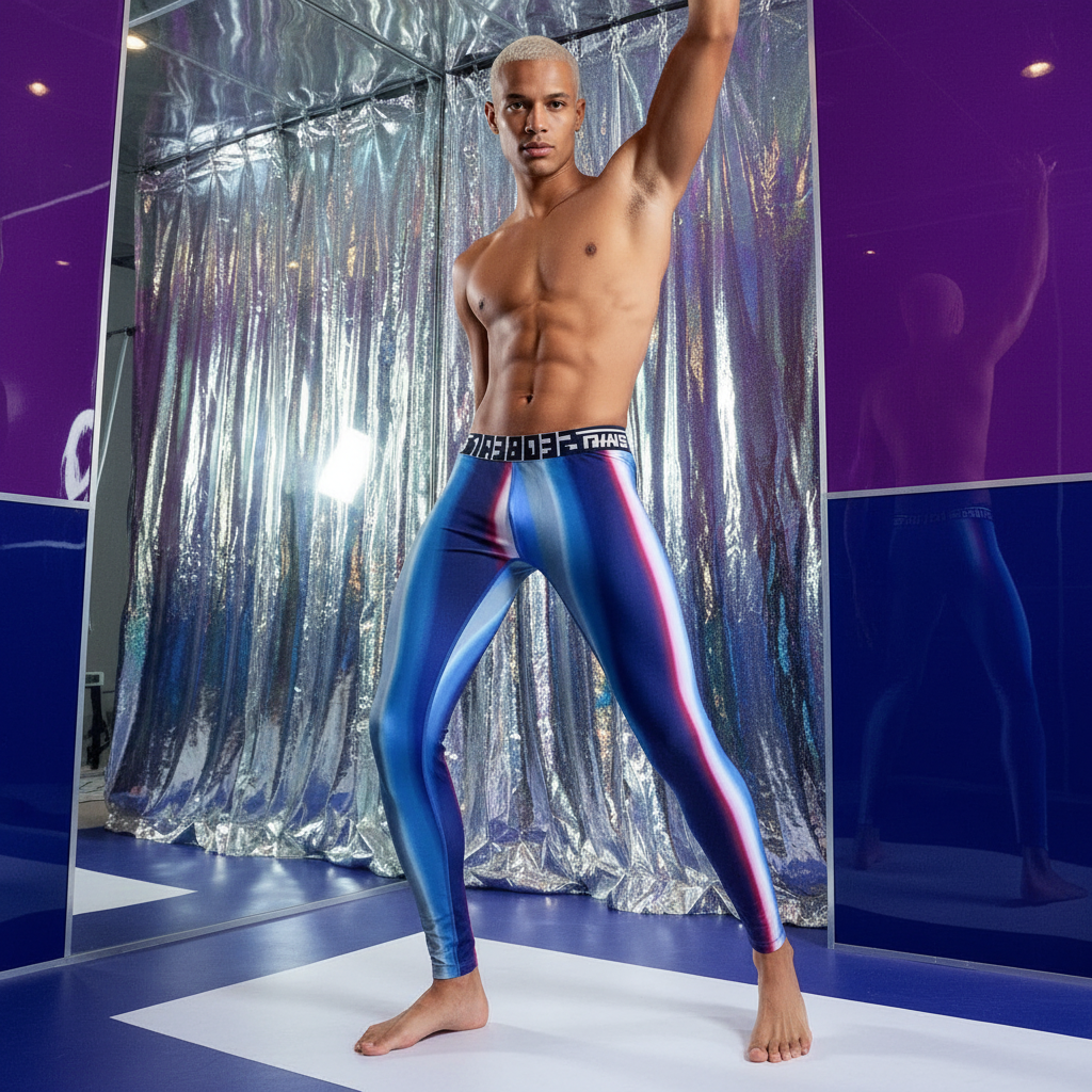 Seobean Aurora Workout Leggings, blue-red-white striped, worn by a barefoot blond with queer confidence, pop in metallic