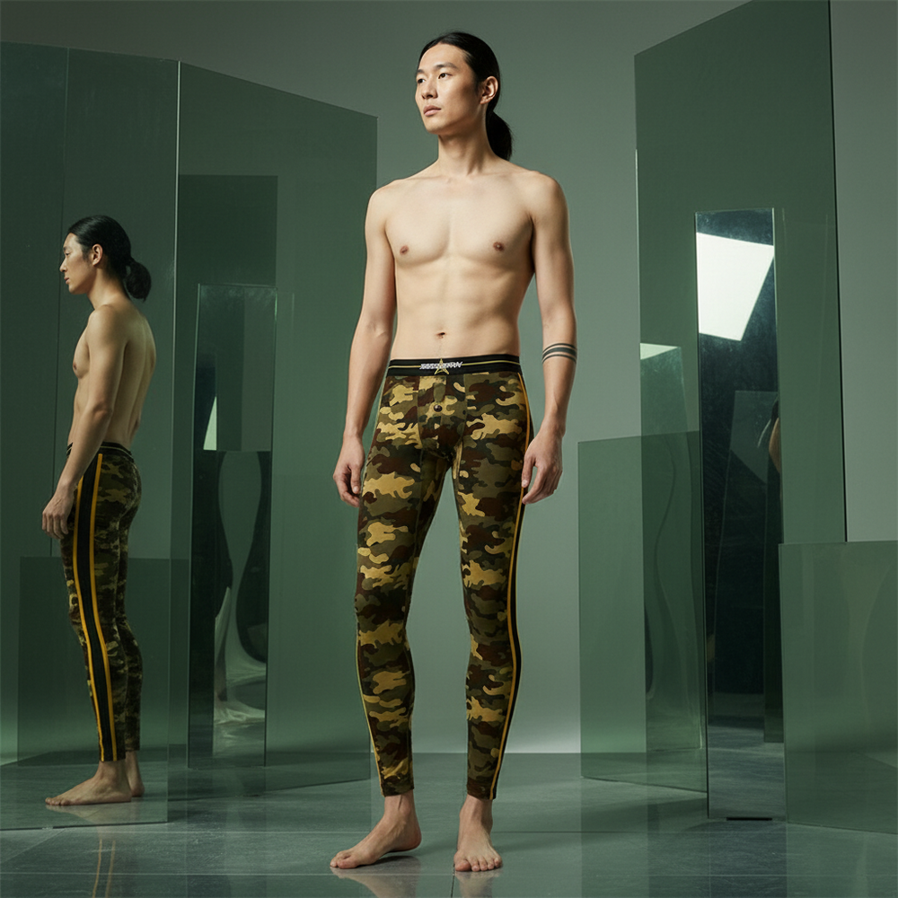 Seobean camo workout leggings with bold yellow side stripes, worn by a barefoot, shirtless person