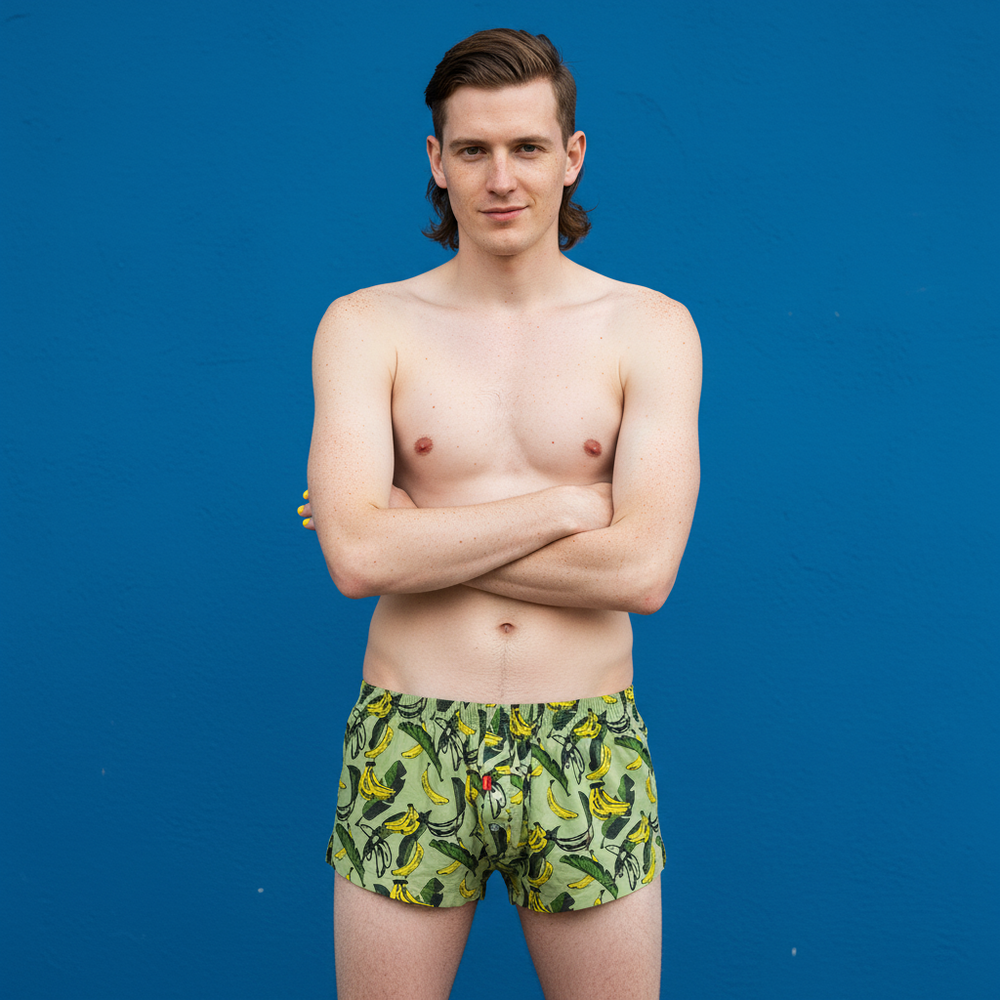 Shirtless person with fair skin and brown hair, arms crossed