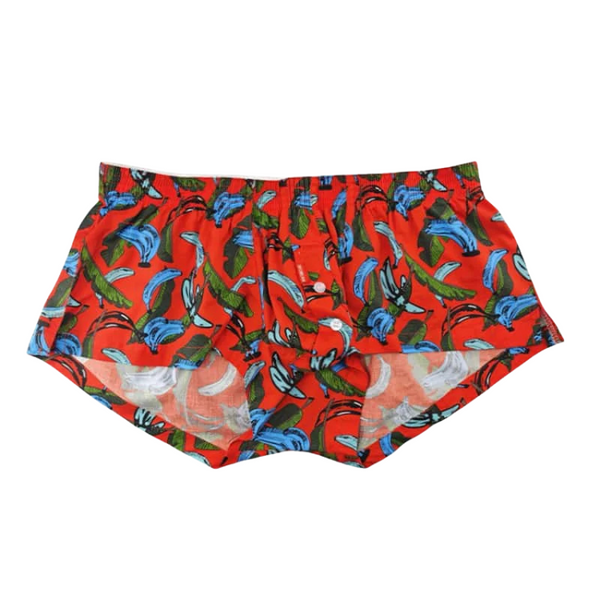 Front view of red cotton boxer briefs with a blue banana and green leaf print