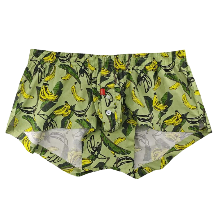 Green cotton boxer briefs with a yellow banana print, front view