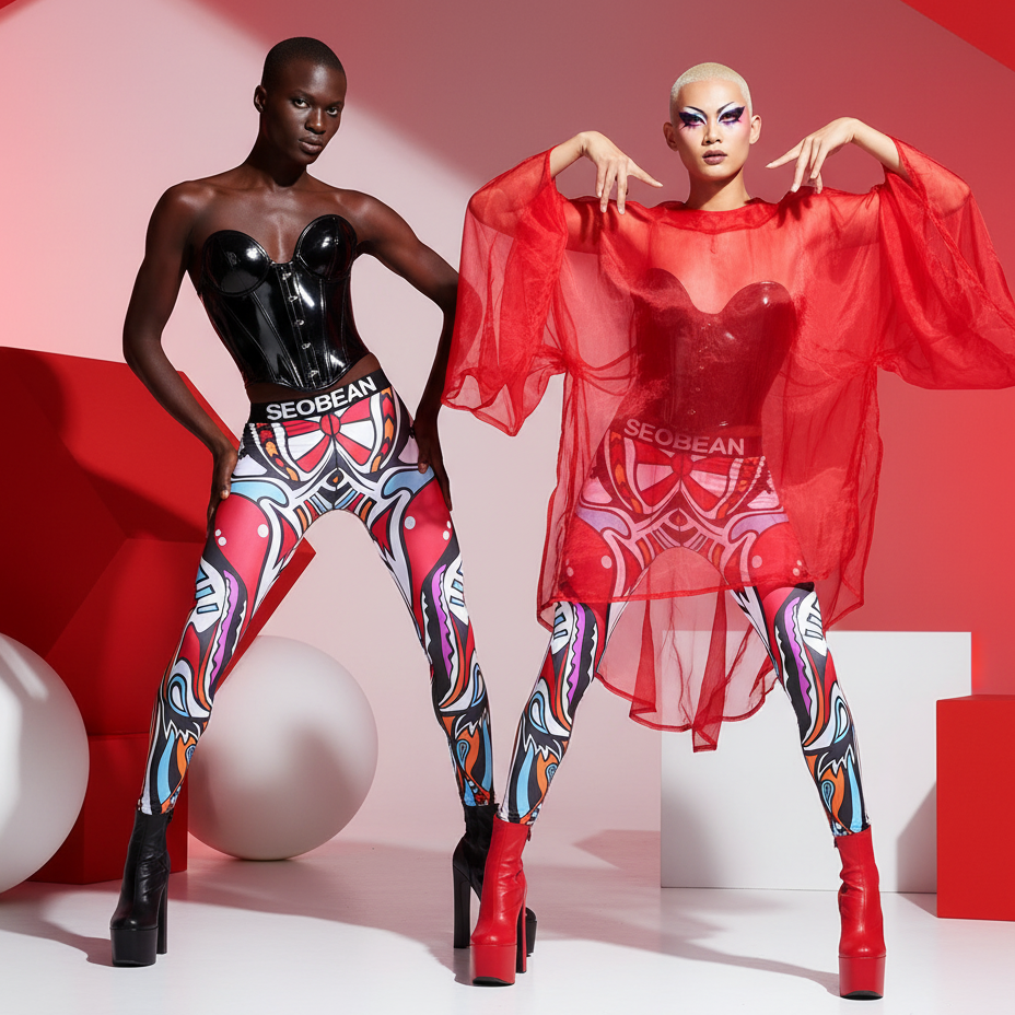 Two models pose in bold abstract-print leggings; one wears a sheer red overlay.