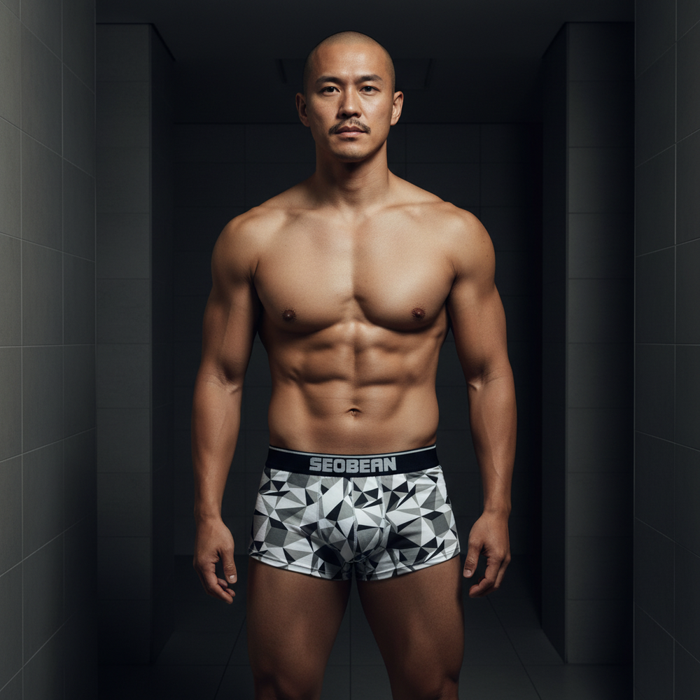 Model wearing black-and-white geometric boxers with a branded SEOBEAN waistband