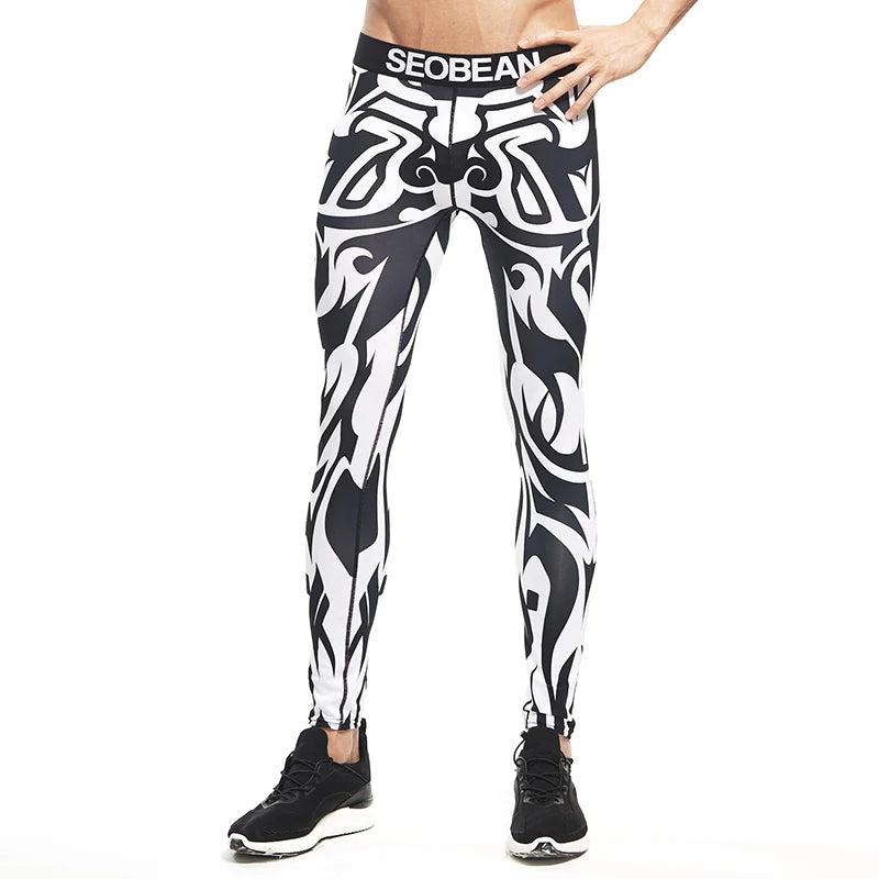 Cropped model wearing black-and-white tribal-print leggings with SEOBEAN waistband