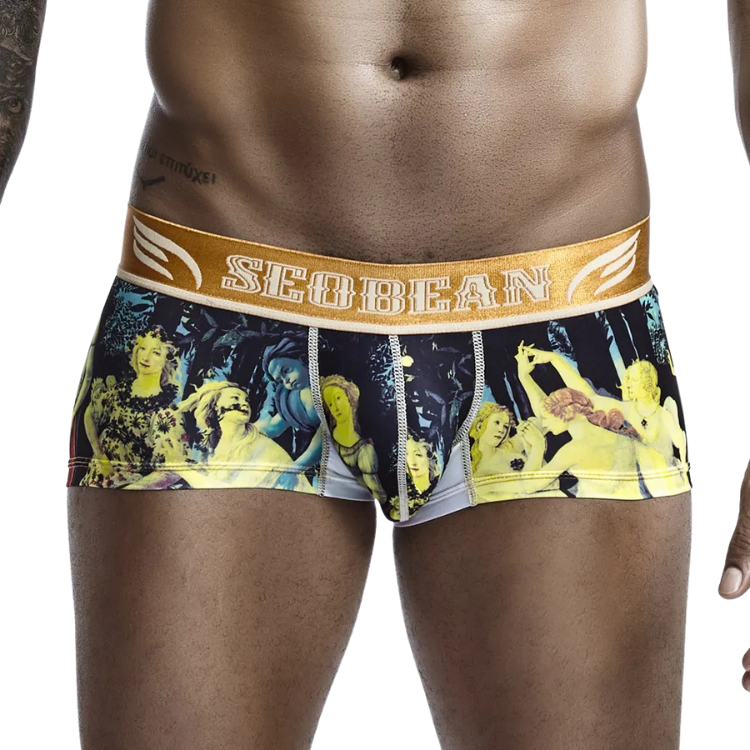 Front view of a model wearing low-waist boxers with an art-print design and SEOBEAN waistband