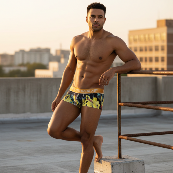 Shirtless person on rooftop at sunset in SEOBEAN Luxe Print Silk Low-Waist Boxers with bold floral pattern, gold waistband