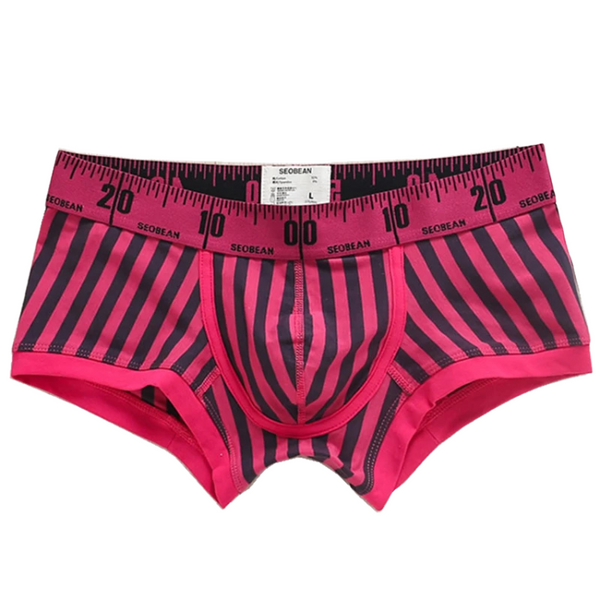 Front view of pink and black striped boxer briefs with a measuring-tape waistband