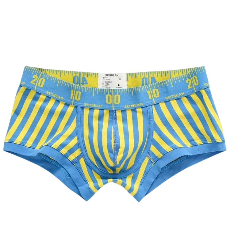 Front view of blue and yellow striped cotton boxer briefs with a measuring-tape waistband