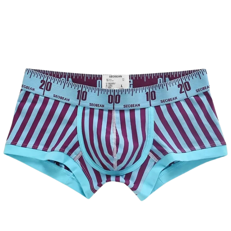 Front view of turquoise boxer briefs with burgundy stripes and a measuring-tape waistband
