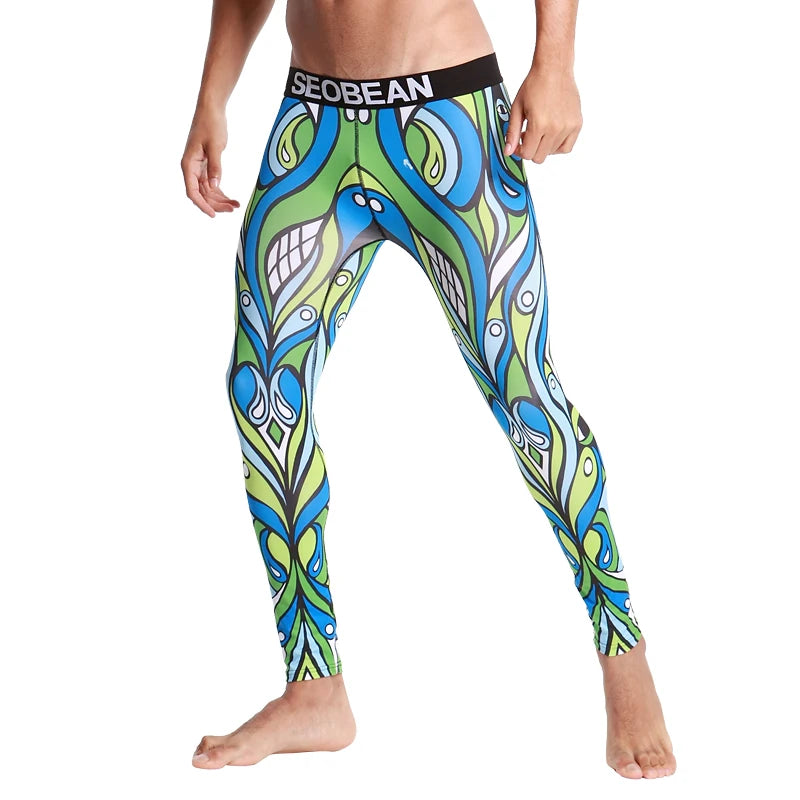Front view of a model wearing blue, green, and white abstract-print leggings with a black SEOBEAN waistband