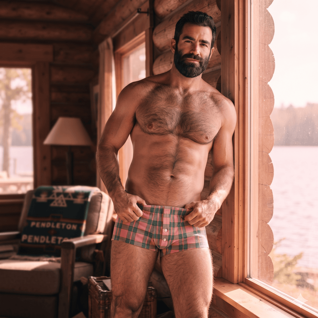 Bearded person wearing pink-and-green plaid boxer shorts in a sunlit wooden cabin