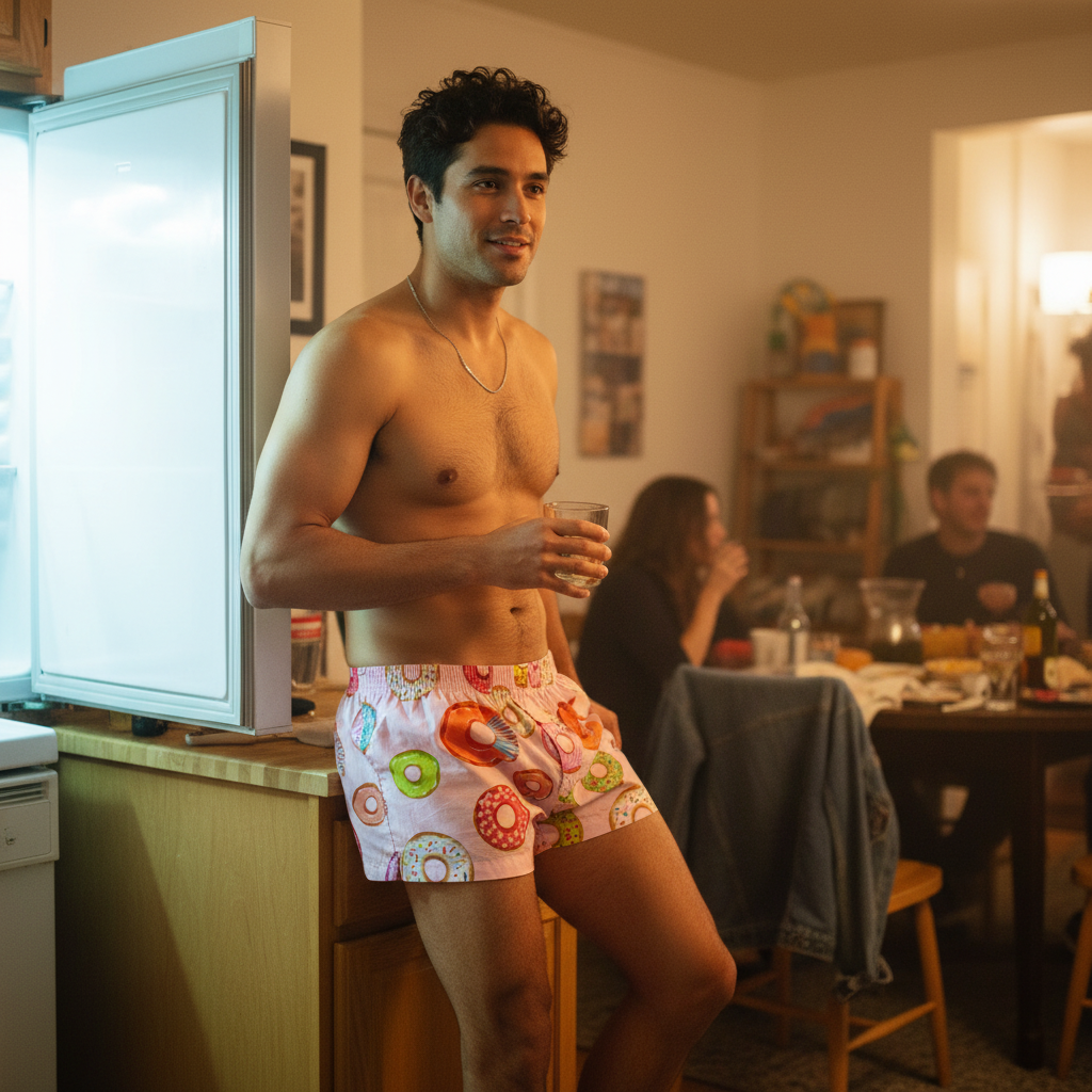 Shirtless person in SEOBEAN Playful Donut Cotton Boxers stands by an open fridge, smiling as friends gather at the table
