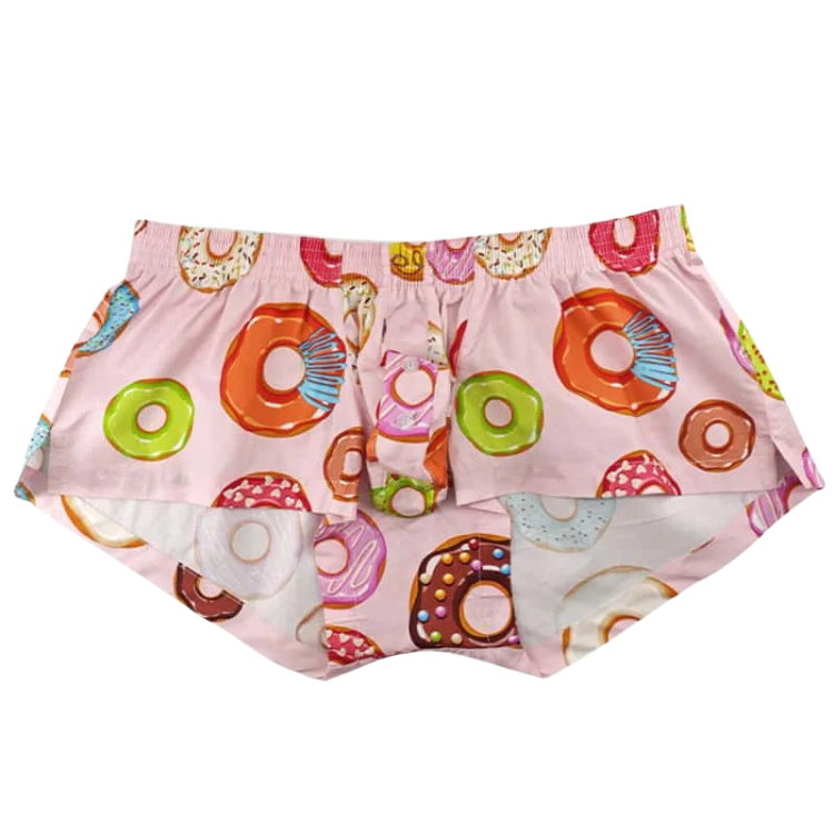 Front view of pink cotton boxers covered in colorful donut illustrations