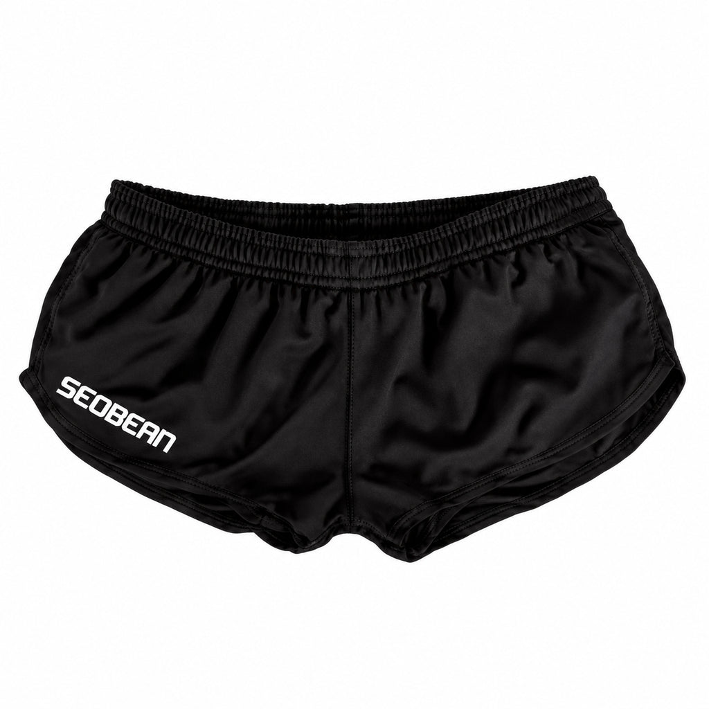 Black short running shorts with a white SEOBEAN logo on the left leg