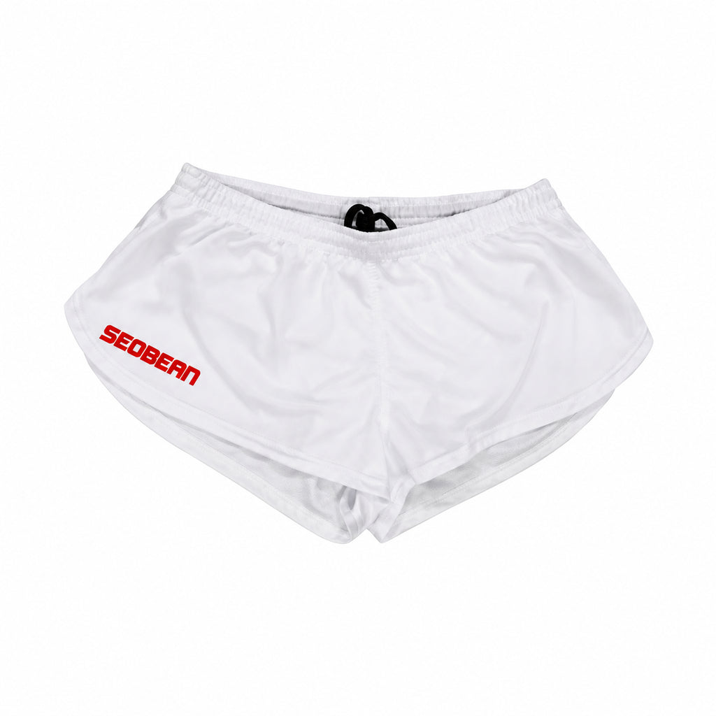 Front view of white short running shorts with red Seobean logo on the left leg